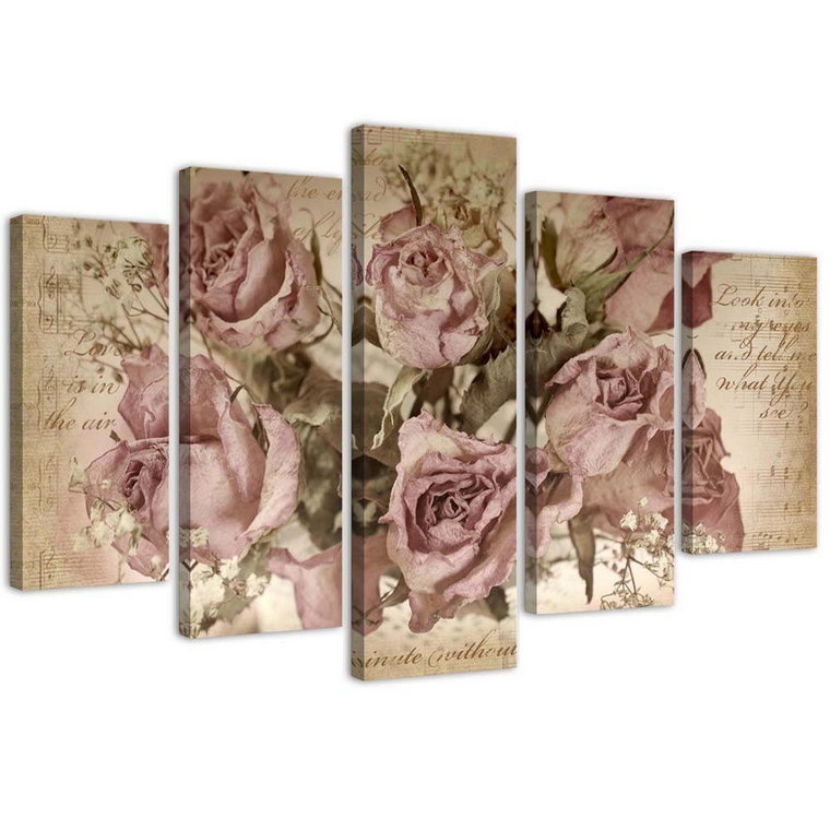 Emaga Obraz pięcioczęściowy na płótnie, Róże i nuty - 100x70