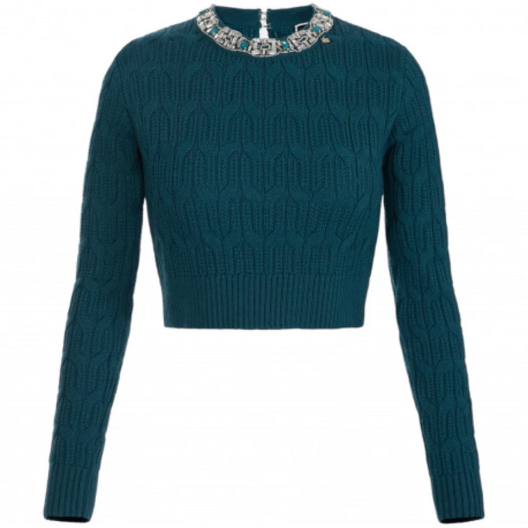 Zielony sweter z haftem w stylu pawia Elisabetta Franchi