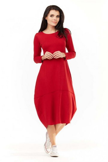 Czerwona Dzianinowa Midi Sukienka Bombka z Długim Rękawem