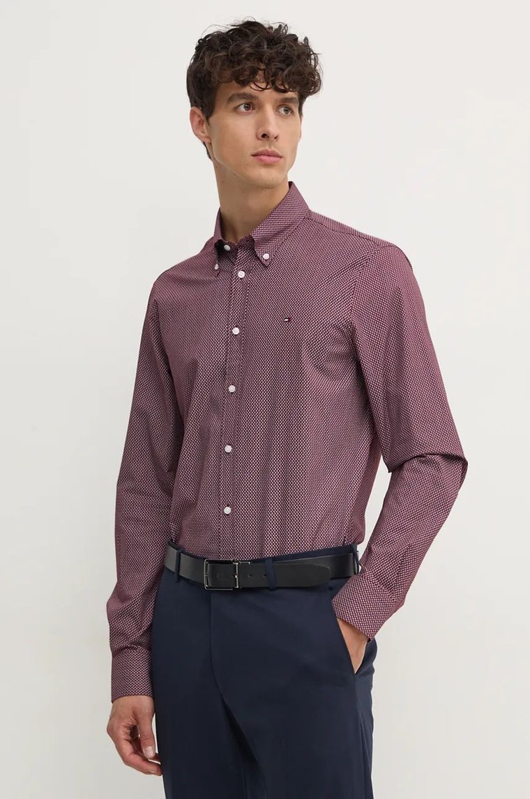 Tommy Hilfiger koszula męska kolor bordowy slim z kołnierzykiem button-down MW0MW36914