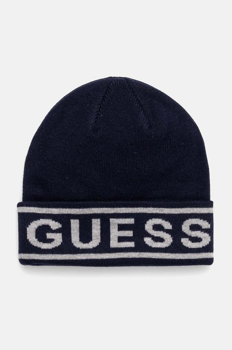 Guess czapka z domieszką wełny LOGO BEANIE kolor granatowy z cienkiej dzianiny M4BZ06.Z3H82