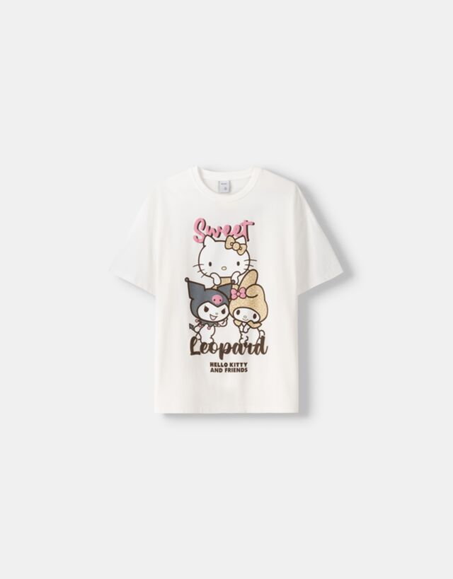 Bershka Koszulka Oversize Z Krótkim Rękawem Hello Kitty & My Melody Kobieta M Biały Złamany