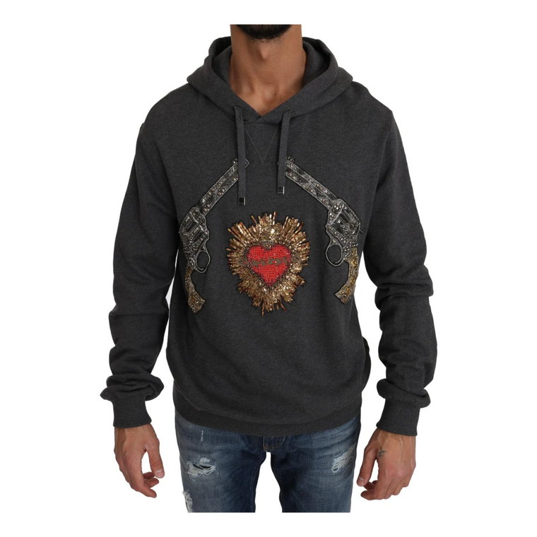Gray Hooded Red Crystal Heart Gun Sweater Dolce & Gabbana