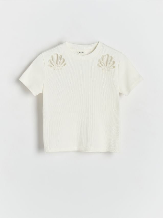 Reserved - T-shirt z haftowanym wzorem - złamana biel