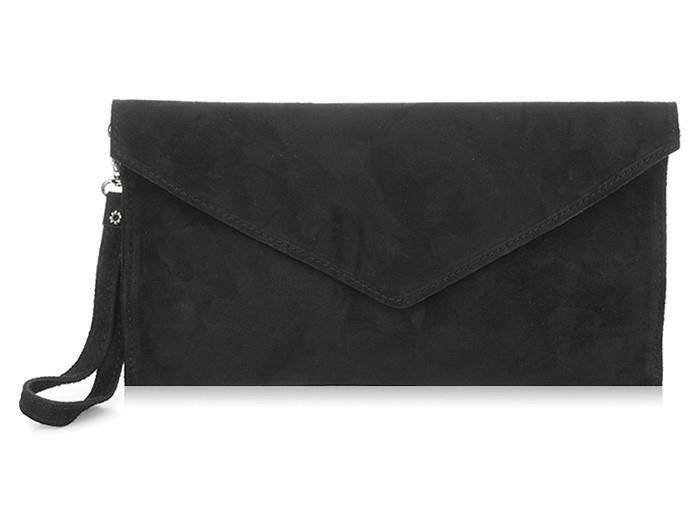Czarna zamszowa skórzana włoska damska kopertówka torebka wieczorowa koktajlowa czarny