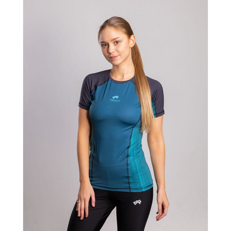 Koszulka do biegania damksa AdRunaLine Turquoise Stripes z krótkim rękawem