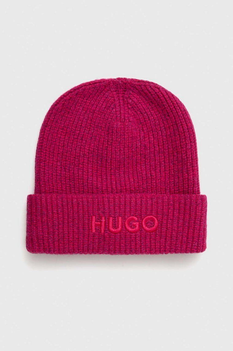 HUGO czapka z domieszką wełny kolor różowy