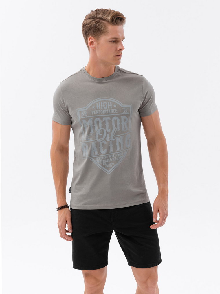 T-shirt męski bawełniany z nadrukiem - jasnobrązowy V3 S1735