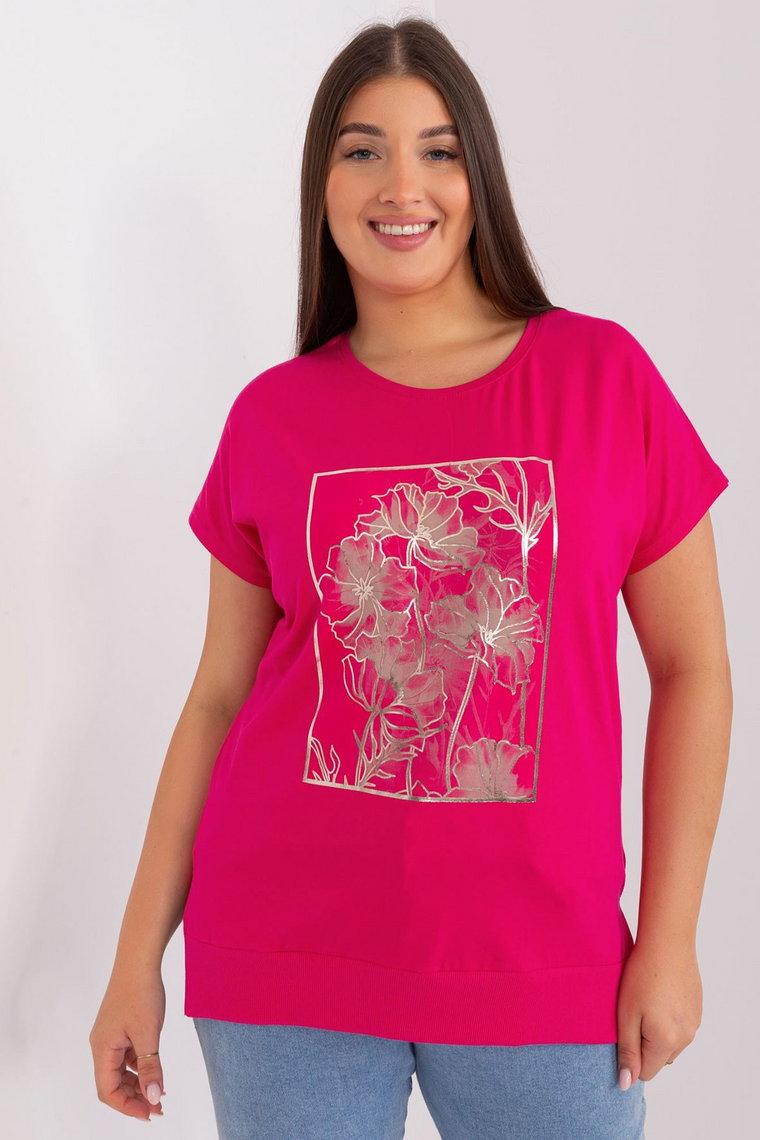 Różowy t-shirt damski z motywem roślinnym plus size - RELEVANCE