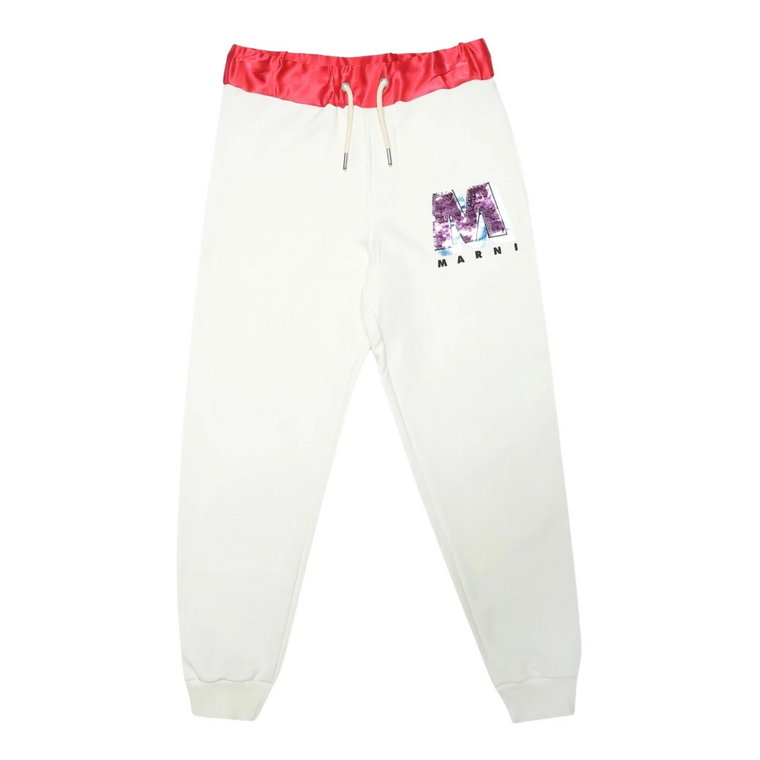 Kremowe sportowe spodnie z fioletowymi detalami z satyny Marni