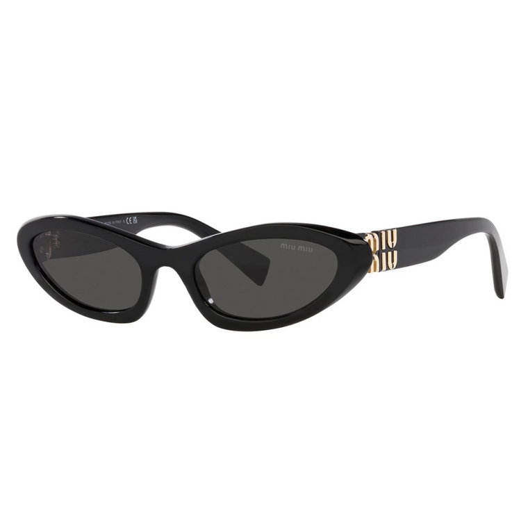 Okulary przeciwsłoneczne oieregularnym kształcie z ciemnoszarymi soczewkami i złotym logo Miu Miu