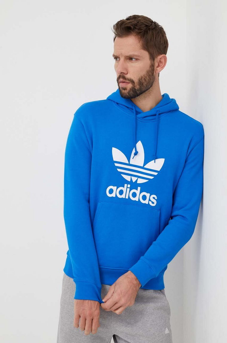 adidas Originals bluza bawełniana Adicolor Classics Trefoil męska kolor niebieski z kapturem z nadrukiem IM9410