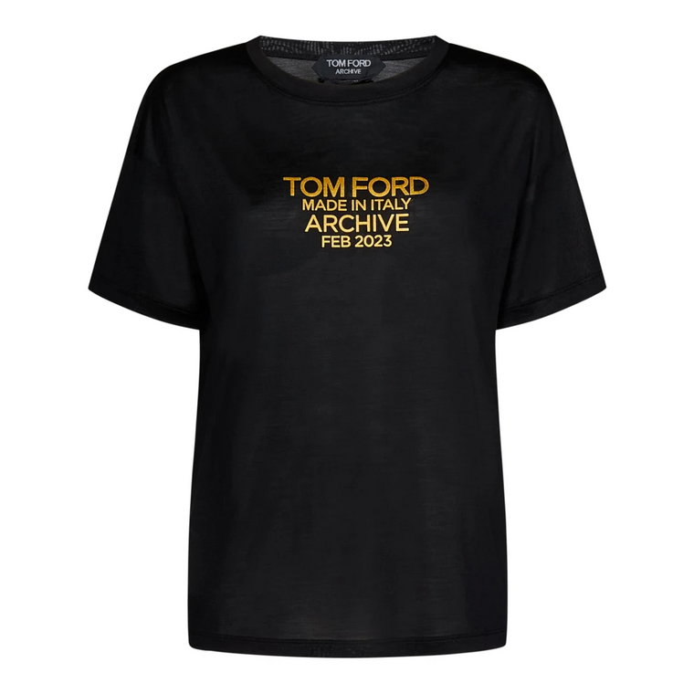 Czarna Oversize'owa Koszulka z Jedwabiu z Złotym Logo Tom Ford