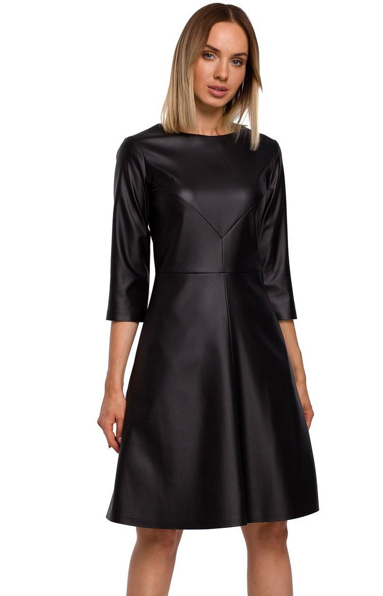 Czarna rozkloszowana sukienka z ekoskóry M541, Kolor czarny, Rozmiar S, MOE
