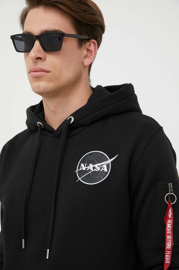 Alpha Industries bluza Dark Side Hoody męska kolor czarny z kapturem z nadrukiem 108337.285