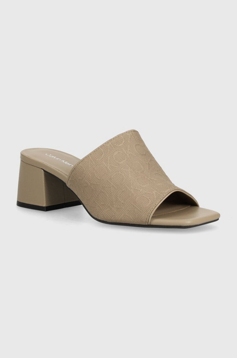 Calvin Klein klapki HEEL MULE 45 MONOCQ damskie kolor beżowy na słupku HW0HW01936