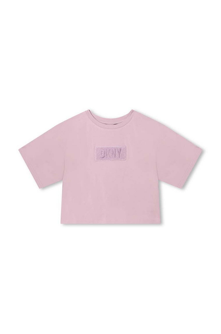 Dkny t-shirt dziecięcy kolor fioletowy z aplikacją