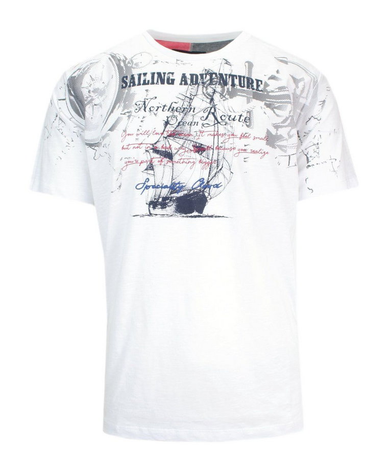 T-Shirt Męski Biały z Nadrukiem w Żaglówkę, Koszulka, Krótki Rękaw, U-neck