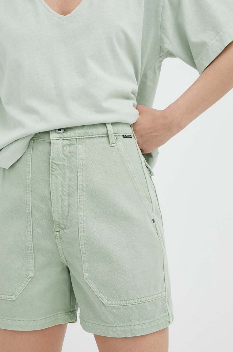 G-Star Raw szorty jeansowe damskie kolor zielony gładkie high waist