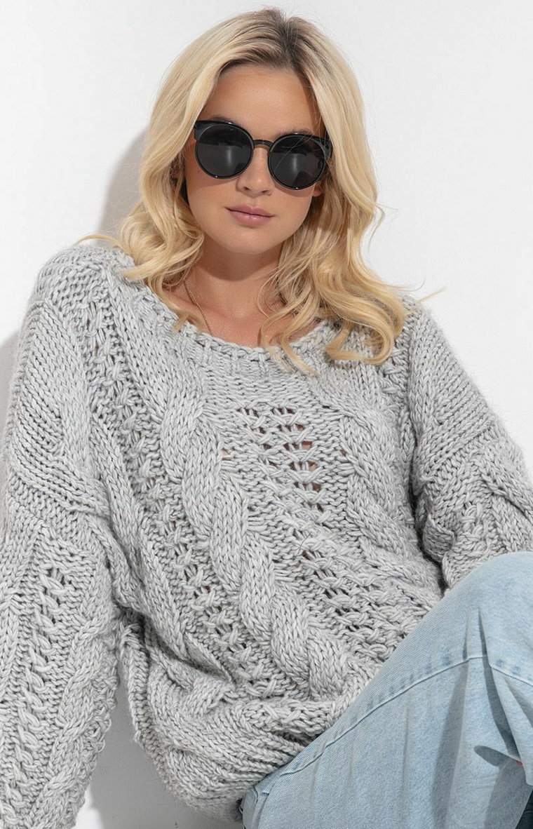 Szary ażurowy wełniany sweter o grubym splocie Chunky Knit F1318, Kolor szary, Rozmiar L/XL, Fobya