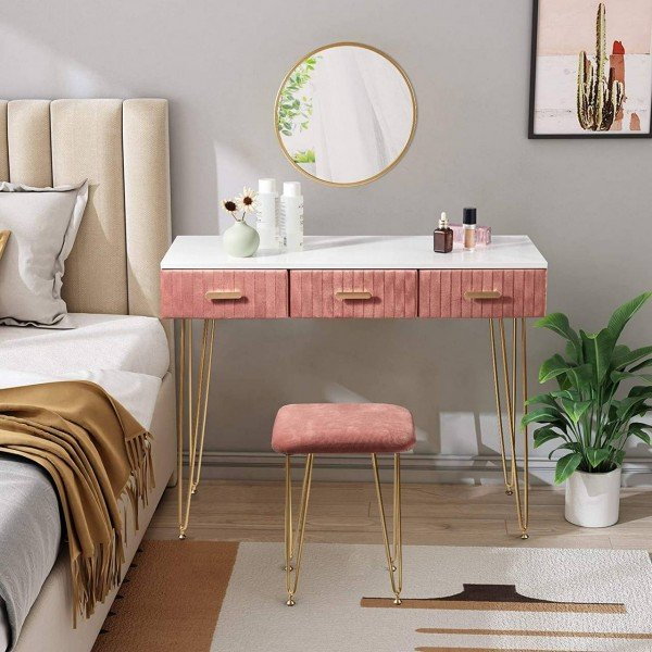 Toaletka Kosmetyczna Szuflady Róż + Lustro Krzesło