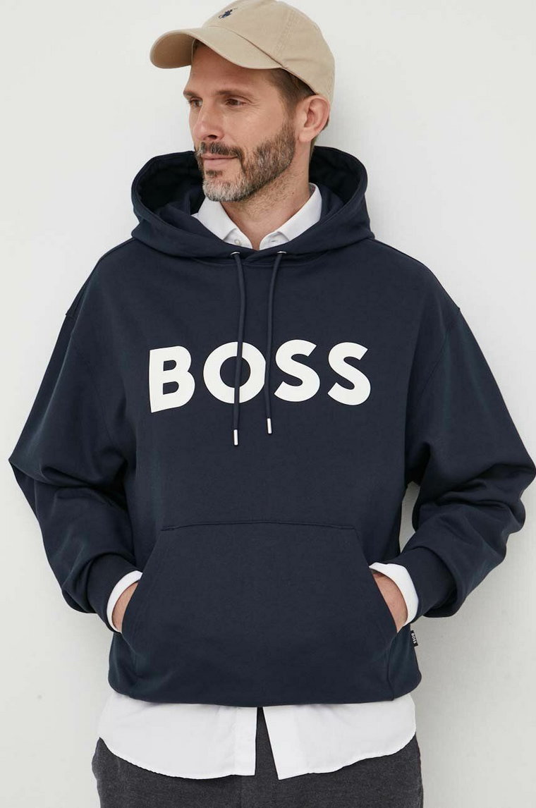 BOSS bluza bawełniana męska kolor granatowy z kapturem z nadrukiem 50496661