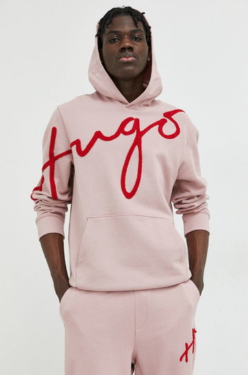 HUGO bluza bawełniana męska kolor różowy z kapturem z aplikacją