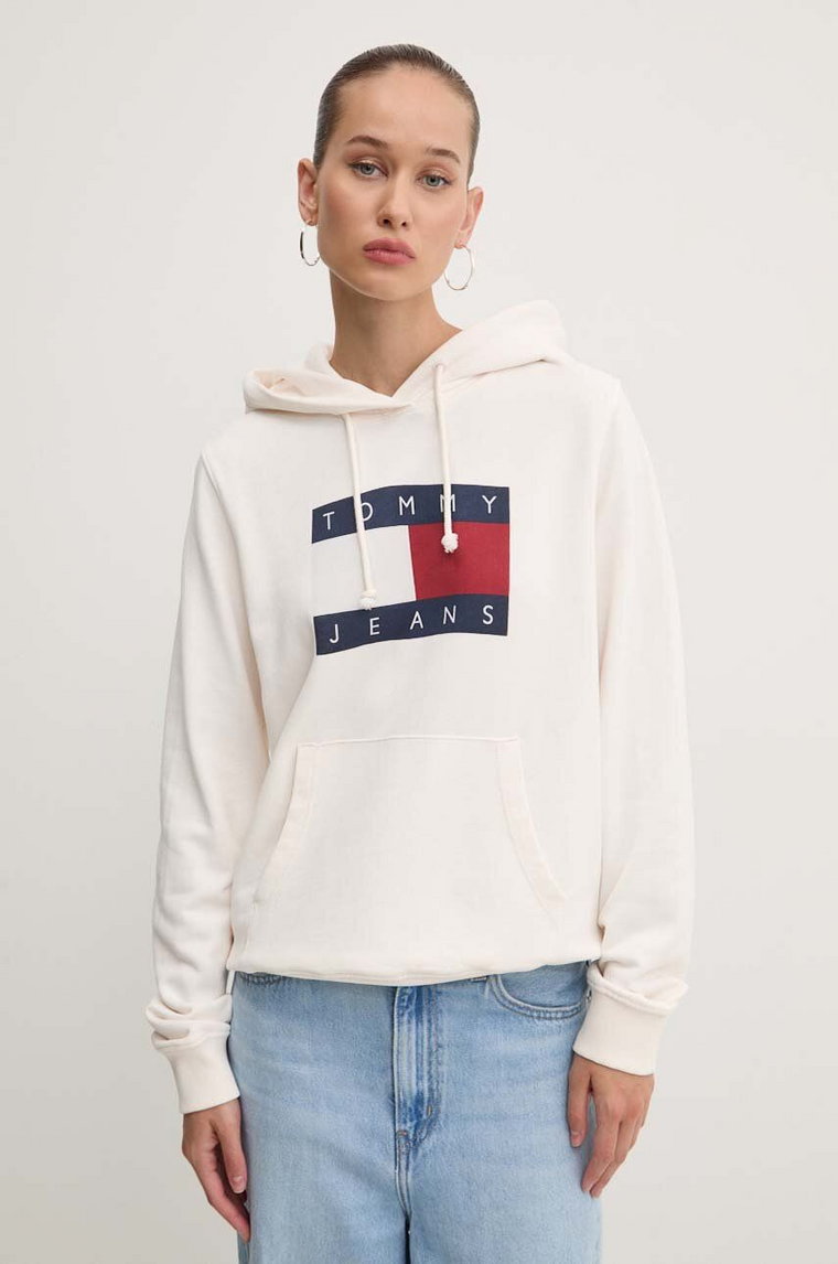 Tommy Jeans bluza bawełniana damska kolor beżowy z kapturem z nadrukiem DW0DW18654