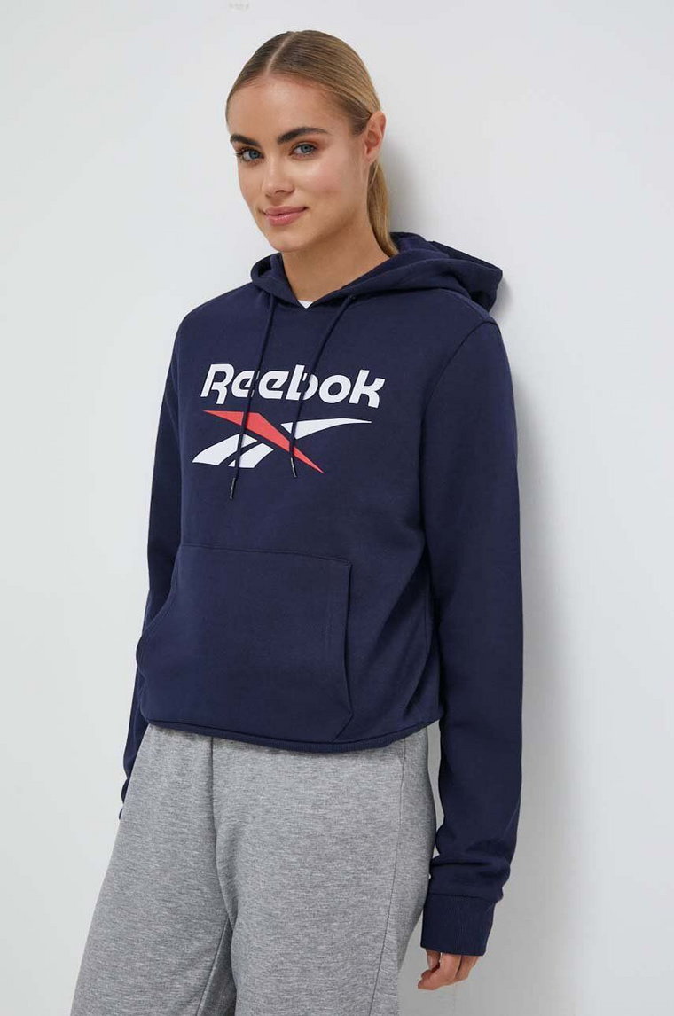 Reebok bluza damska kolor granatowy z kapturem z nadrukiem