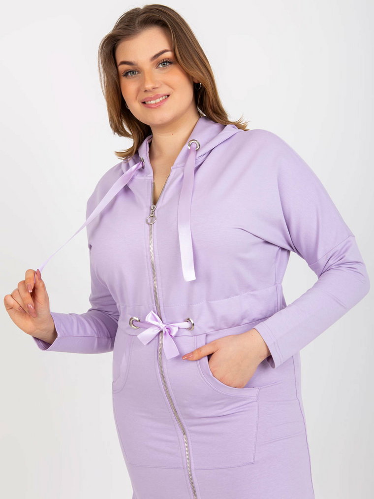 Bluza plus size jasny fioletowy casual kaptur rękaw długi długość długa troczki kieszenie suwak