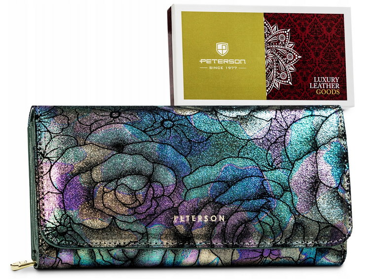 Pojemny, skórzany portfel damski w kwiaty  Peterson