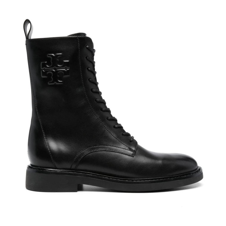 Czarne skórzane buty bojówki z podwójnym T Tory Burch