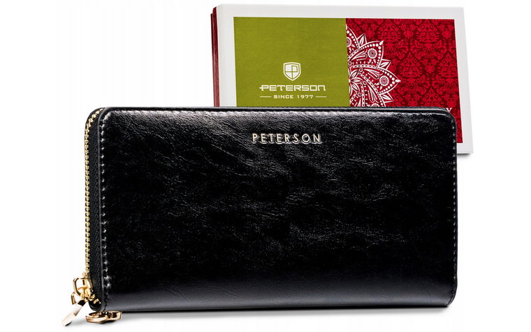 Duży skórzany portfel damski typu piórnik z paskiem na nadgarstek  Peterson