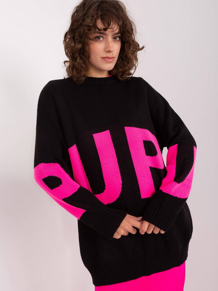 Sweter oversize czarno-różowy casual dekolt okrągły rękaw długi długość długa