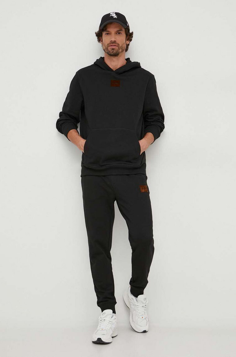 HUGO bluza bawełniana męska kolor czarny z kapturem z aplikacją