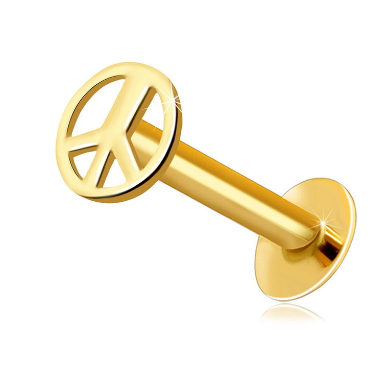 Złoty 14K piercing do wargi i brody - okrągły symbol pokoju, lśniąca powierzchnia