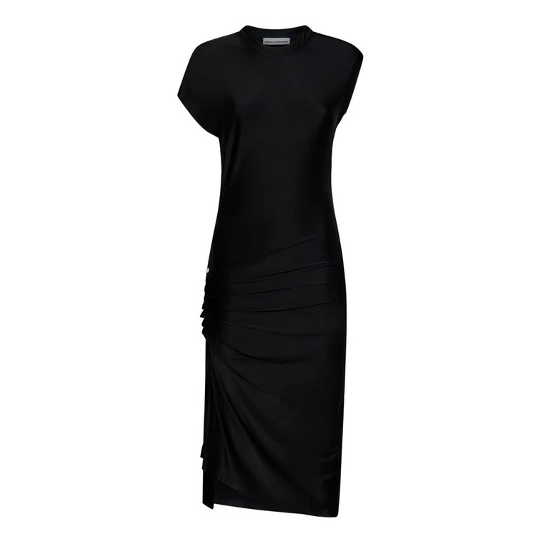 Czarna sukienka midi z drapowaniem Paco Rabanne