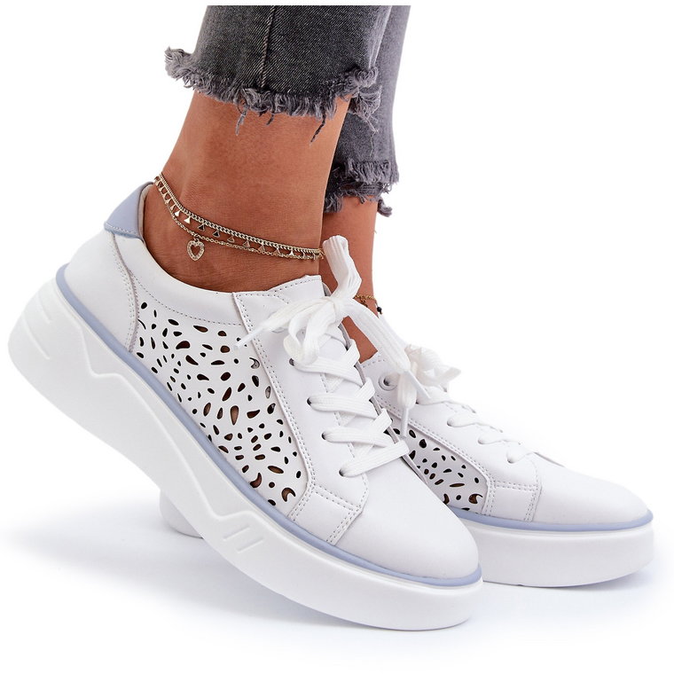 Ażurowe Sneakersy Damskie Na Platformie Skórzane Białe Peilaeno