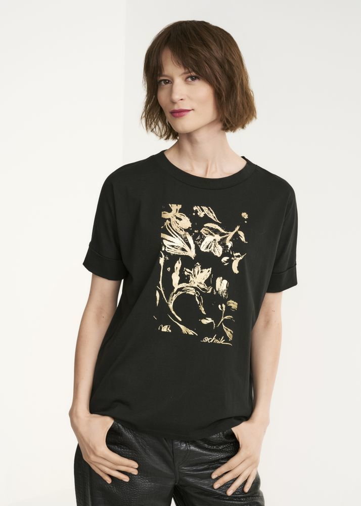 Czarny T-shirt damski ze złotym nadrukiem