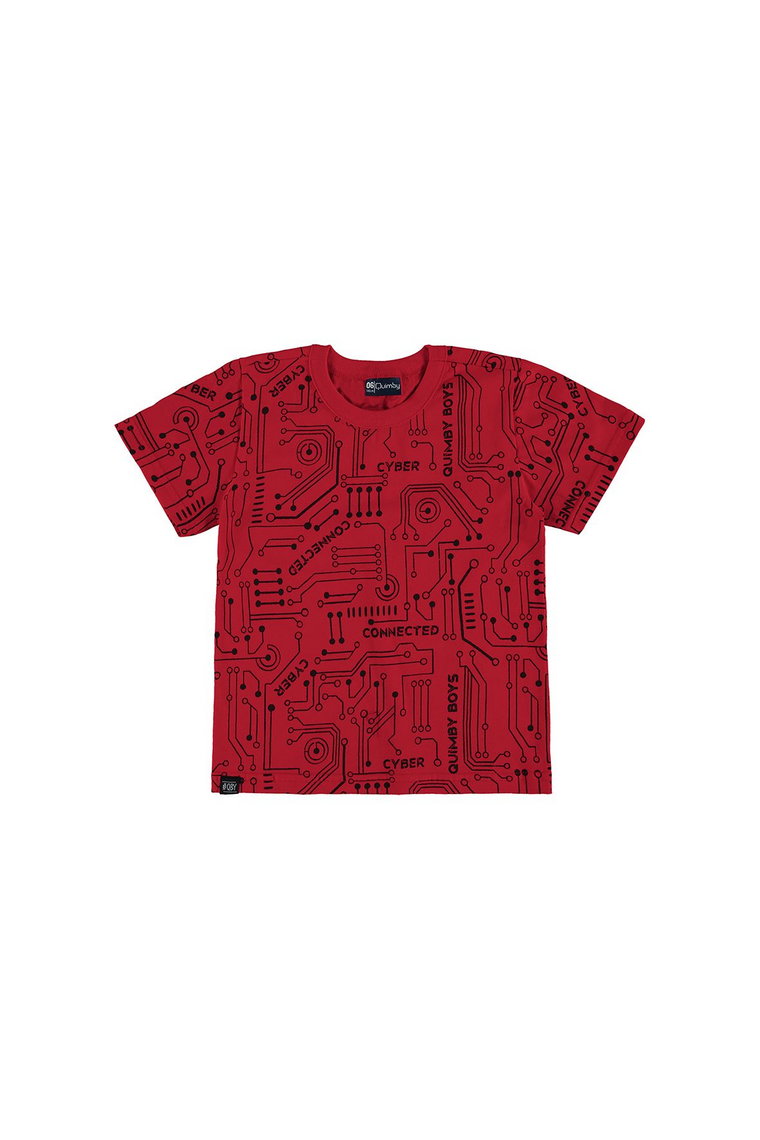 Czerwony bawełniany t-shirt chłopięcy we wzory