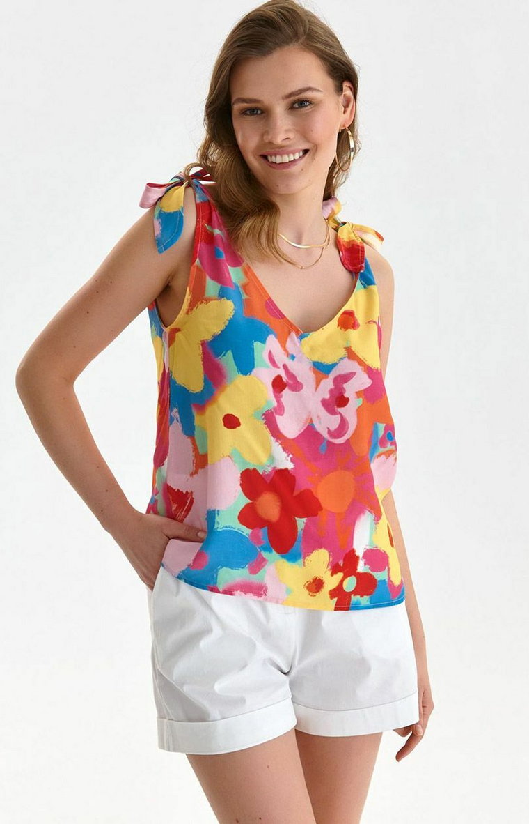 Top Secret printowana bluzka bez rękawów w kolorowe kwiaty DKE0006, Kolor różowo-żółty, Rozmiar 34, Top Secret