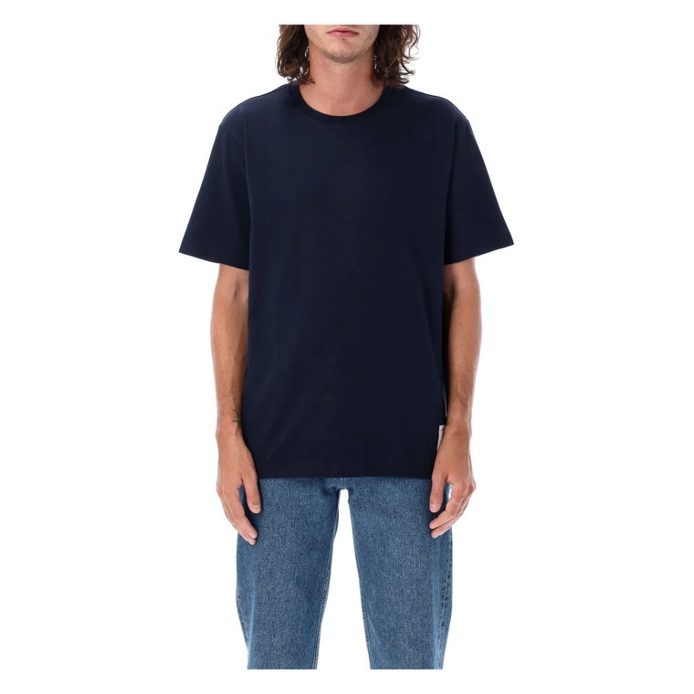 Granatowy T-shirt z luźnym krojem i naszywką z logo Thom Browne