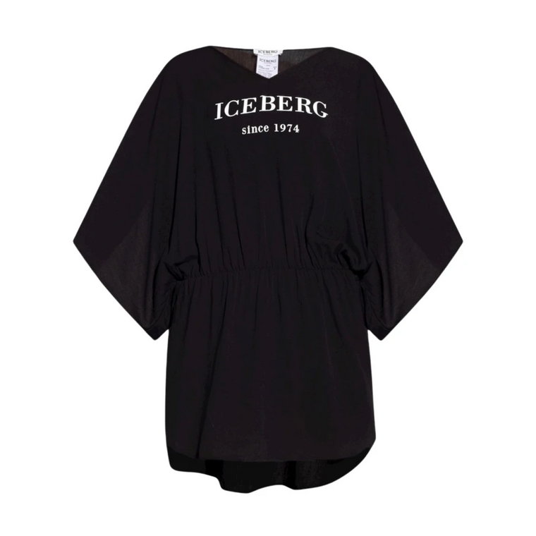 Jednokolorowa sukienka z motylkowymi rękawami i kontrastowym napisem z przodu Iceberg