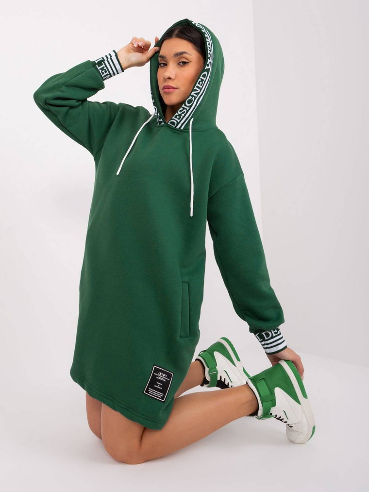 Tunika sportowa / dresowa ciemny zielony sukienka codzienna młodzieżowa kaptur rękaw długi długość przed kolano print (nadruk) troczki kieszenie ocieplenie