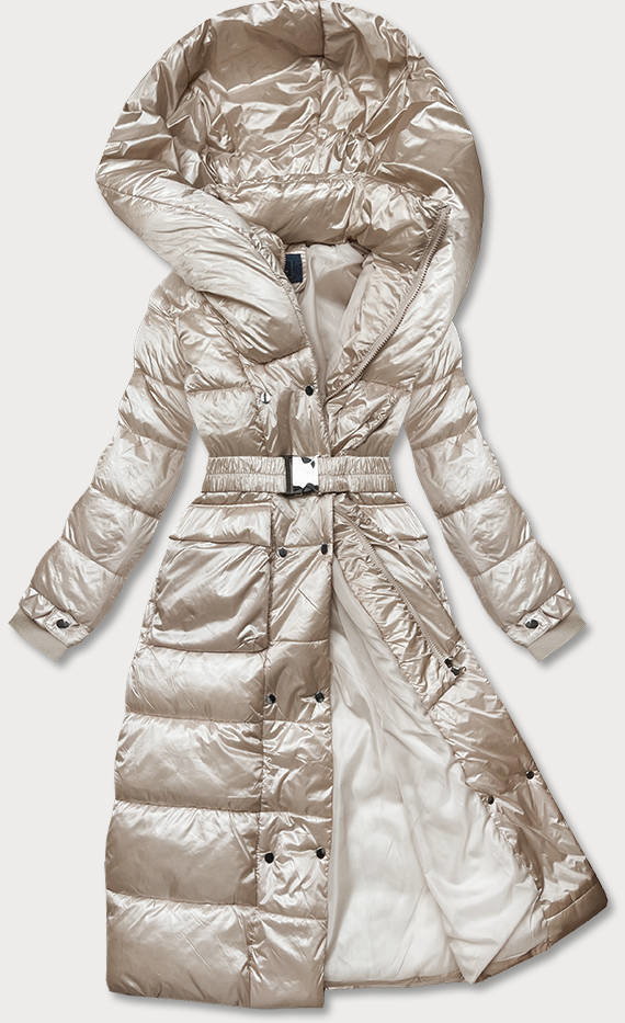 Długa damska kurtka z paskiem beżowa (AG1-J9090)