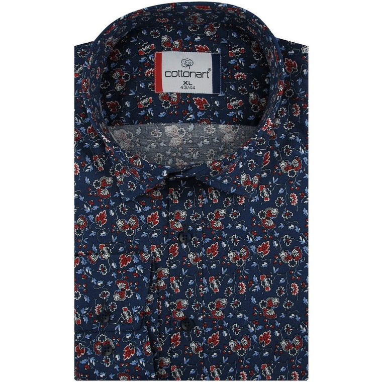 Koszula Męska Elegancka Wizytowa do garnituru granatowa w kwiatki z długim rękawem w kroju SLIM FIT Cottonart C557