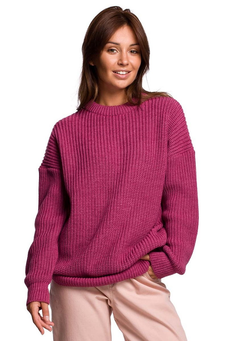 Sweter Oversize o Przedłużonym Kroju - Wrzosowy