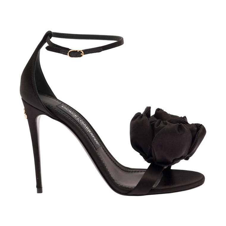 Czarne Satynowe Sandały z Detalem Kwiatowym Dolce & Gabbana
