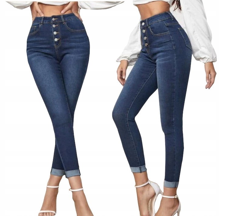 Damskie Spodnie Jeansy Modelujące Zapinane Na Guziki Vintage Ciemne 38