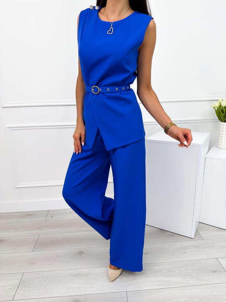 Kobaltowy Elegancki Komplet Bluzka + Spodnie